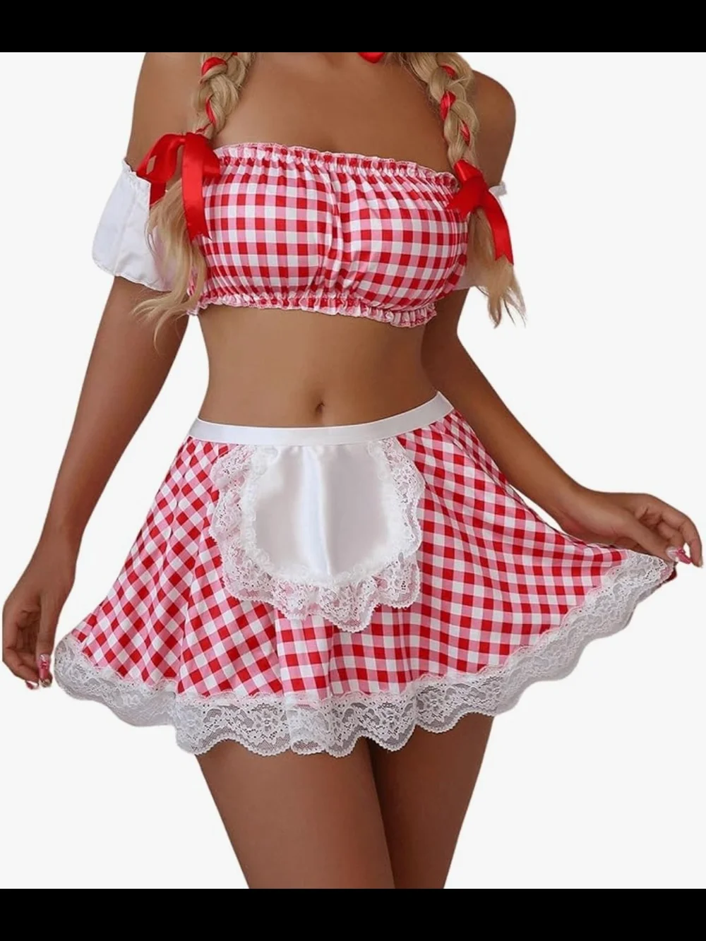 Red Gingham Bandeau Four-Piece Set with White Lace Accent